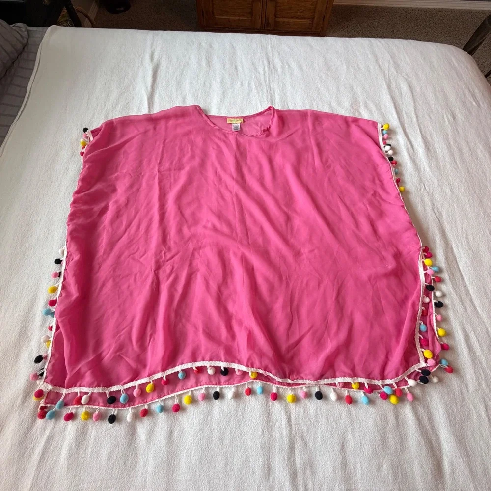 Viv & Lou Pink Chiffon Pom Pom‎ Trim Swim Cover Up Poncho One Size